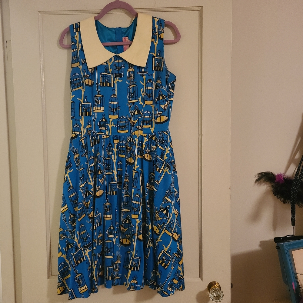 Pinup Couture Blue & Yellow Birdcage Print Peter Pan Collar Midi Dress